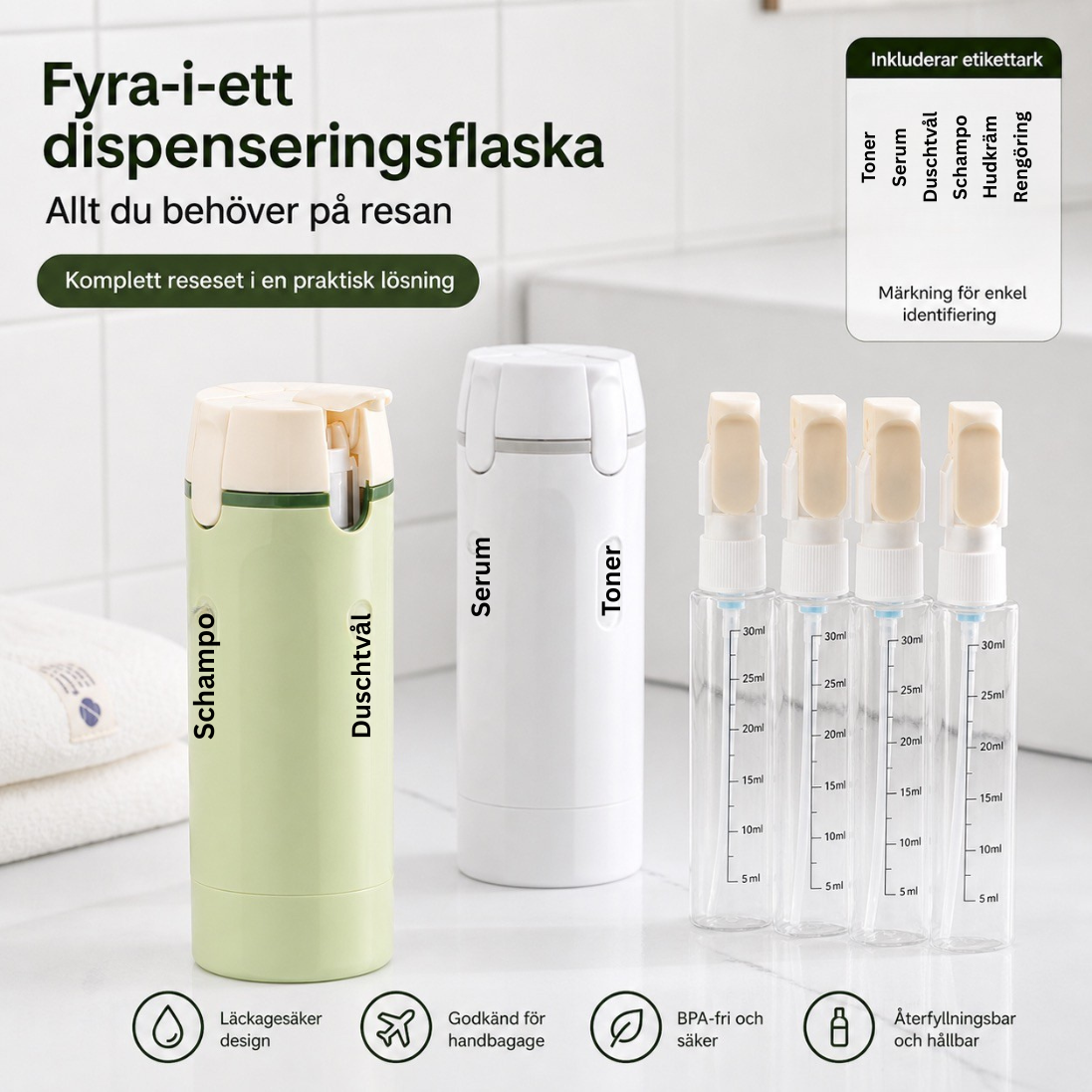 "4-i-1 dispenseringsflaska – komplett set med fyra portabla reseflaskor"