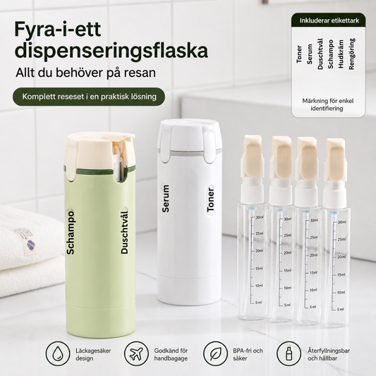 "4-i-1 dispenseringsflaska – komplett set med fyra portabla reseflaskor"