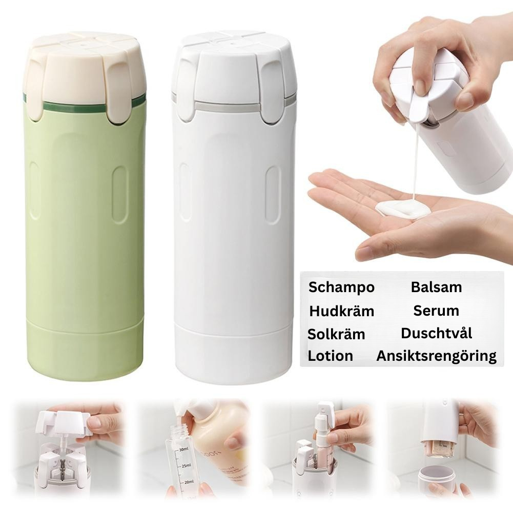 "Närbild på dispenseringsflaska med pump – perfekt för resor"