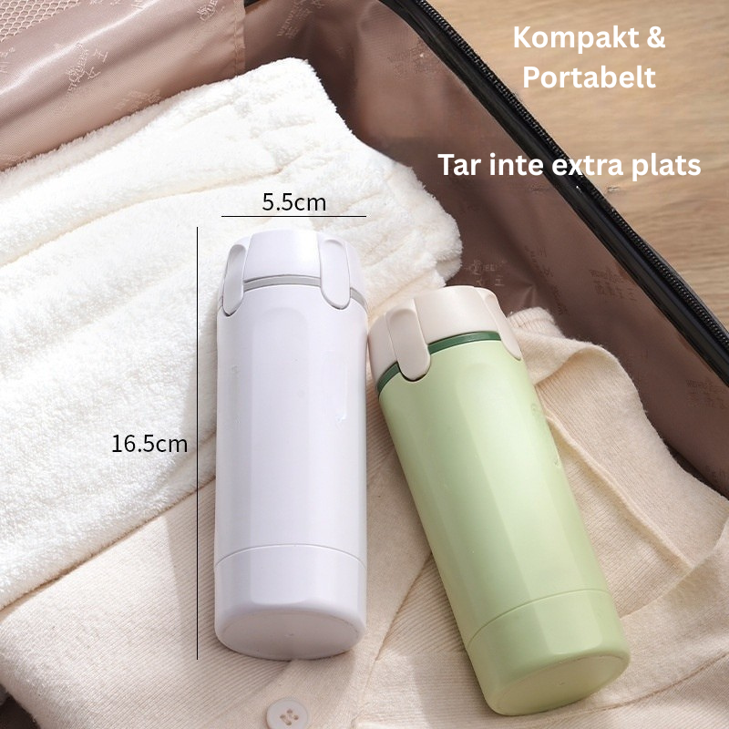 "Kompakt och portabel resedispenser – tar minimal plats i resväskan"