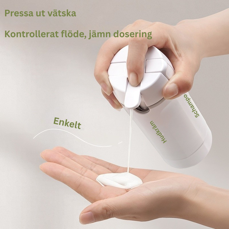 "Spara plats med 4-i-1 dispenseringsflaska – samla schampo, balsam, duschgel och lotion i ett"